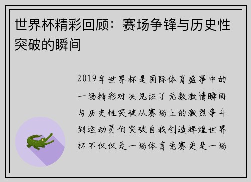 世界杯精彩回顾：赛场争锋与历史性突破的瞬间